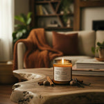 Candle on a wooden table with a cozy living room background