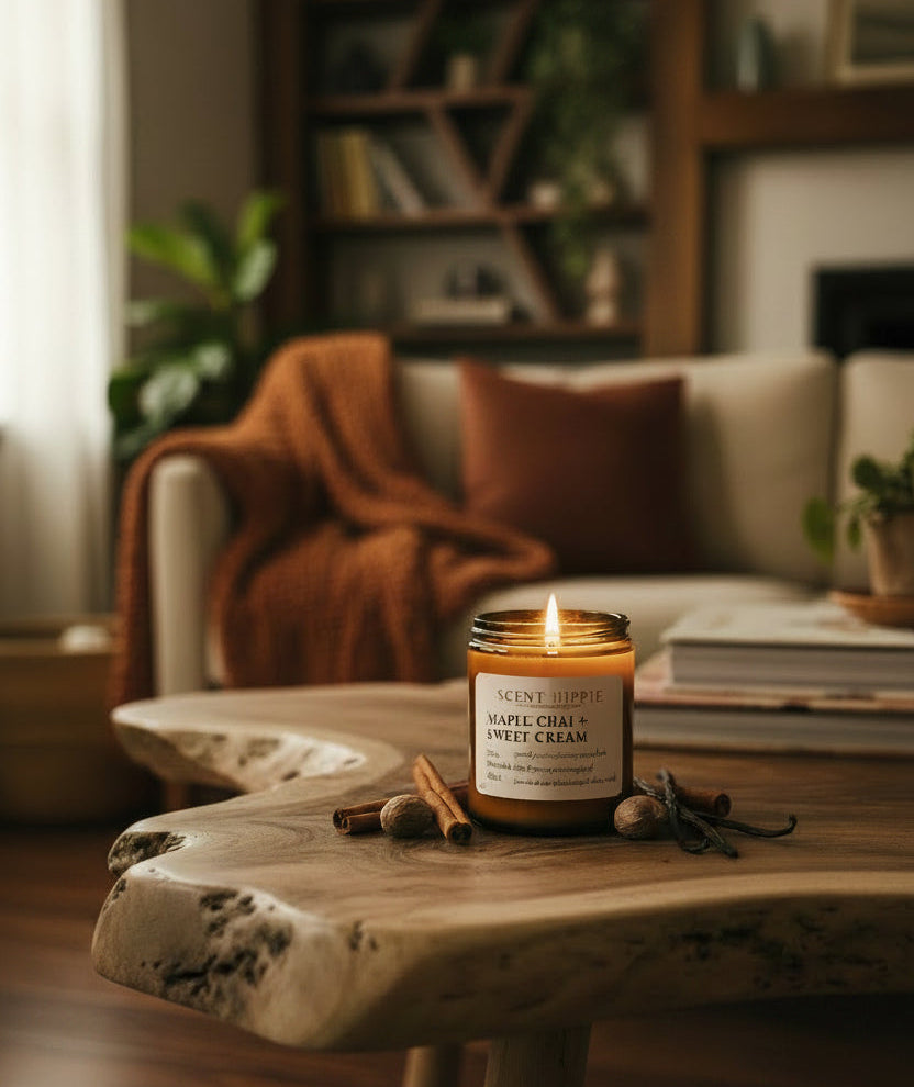 Candle on a wooden table with a cozy living room background