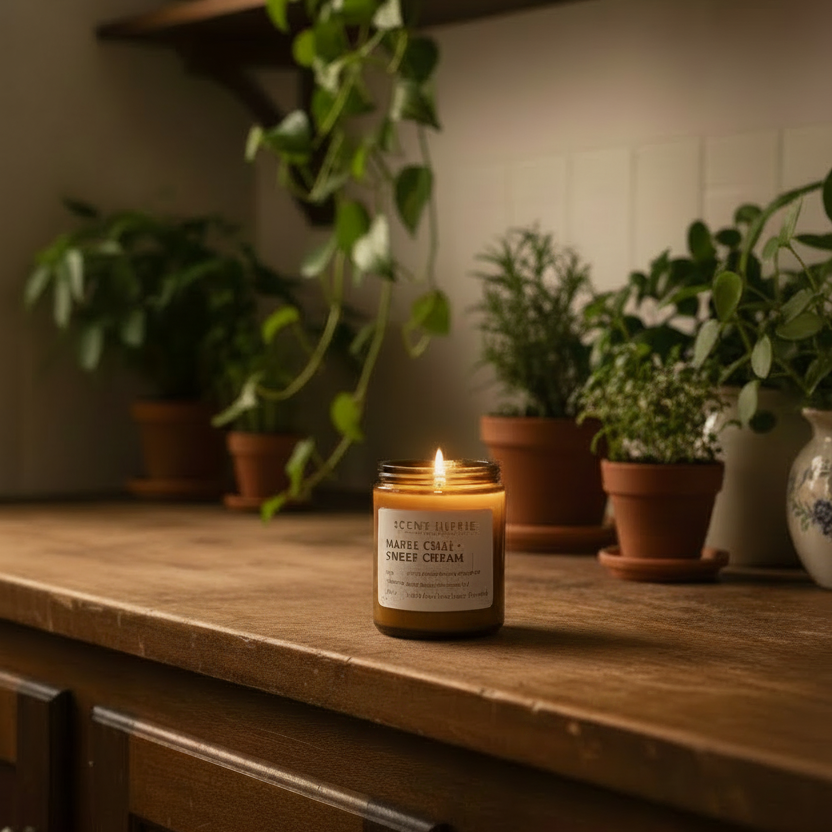 Candle on a wooden table in a cozy living room setting