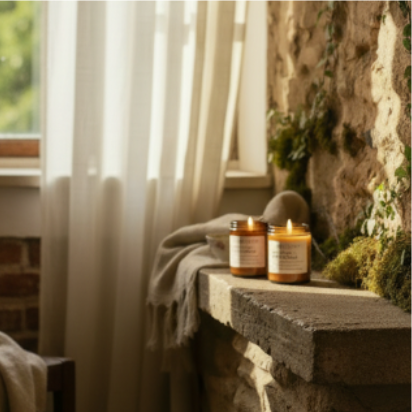 Candlelit scene with candles on a stone ledge by a window with white curtains.