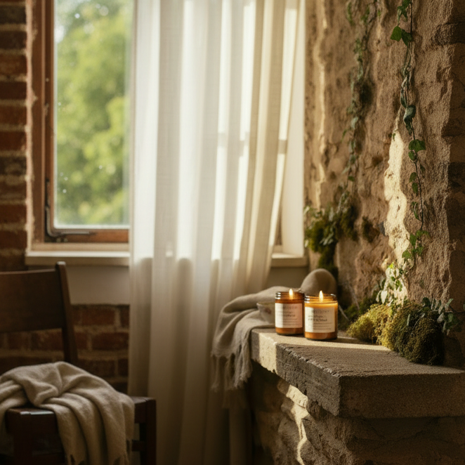 Candlelit scene with candles on a stone ledge by a window with white curtains.